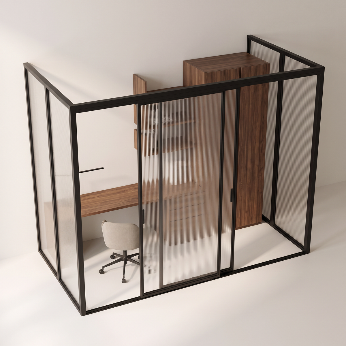 Studio Glass Office black-framed fluted glass enclosure with walnut desk and cabinets inside, elevated view