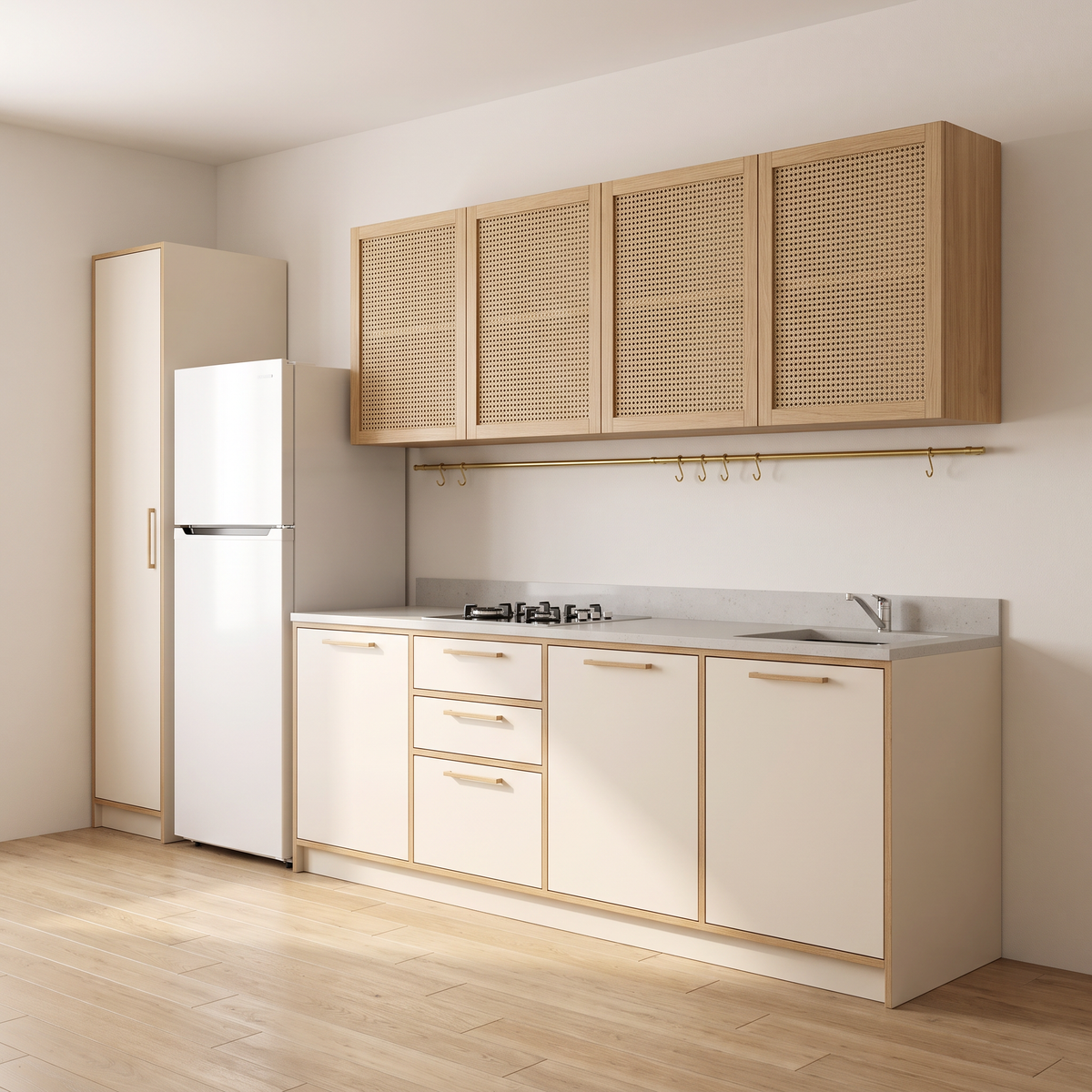 Studio Line single-wall kitchen with ivory laminate base cabinets, oak handles, cane-panel wall cabinets and brass rail, front three-quarter view