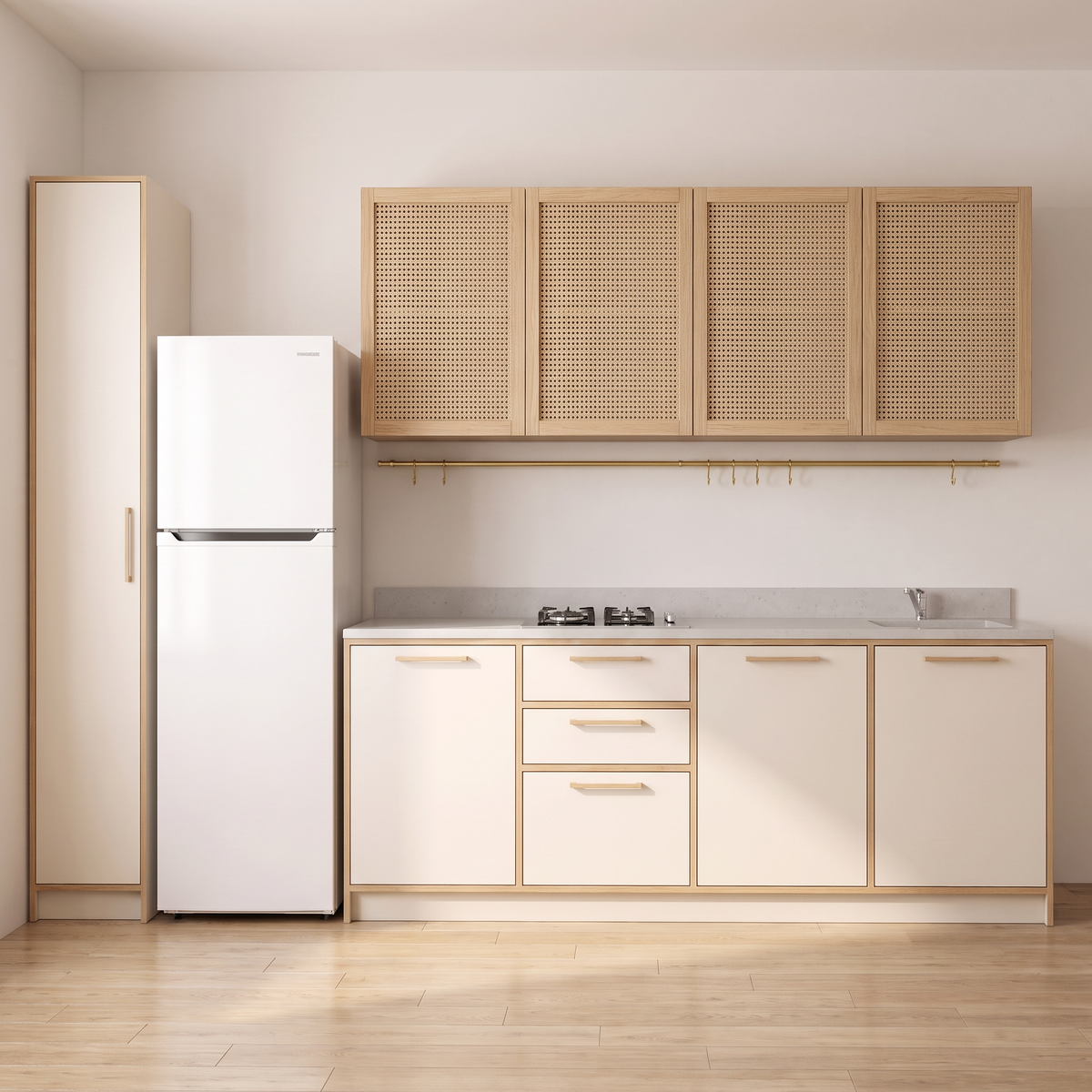 Studio Line single-wall kitchen with larder and fridge, straight front elevation