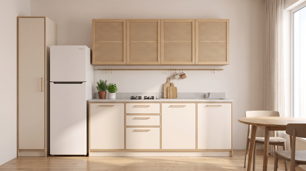 Studio Line kitchen styled in a bright studio apartment with a small dining table