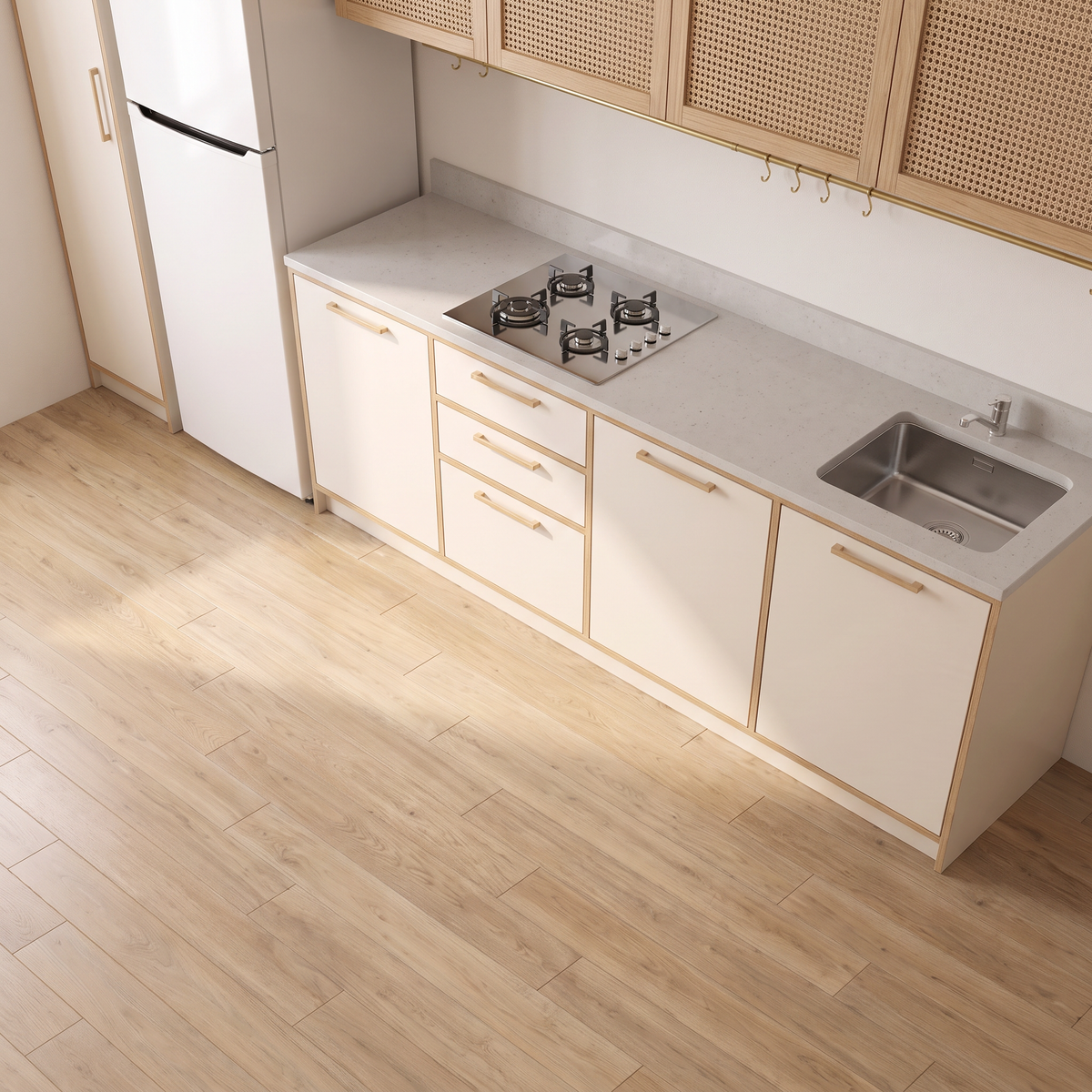 Studio Line kitchen from above, showing the light grey quartz worktop with hob and sink