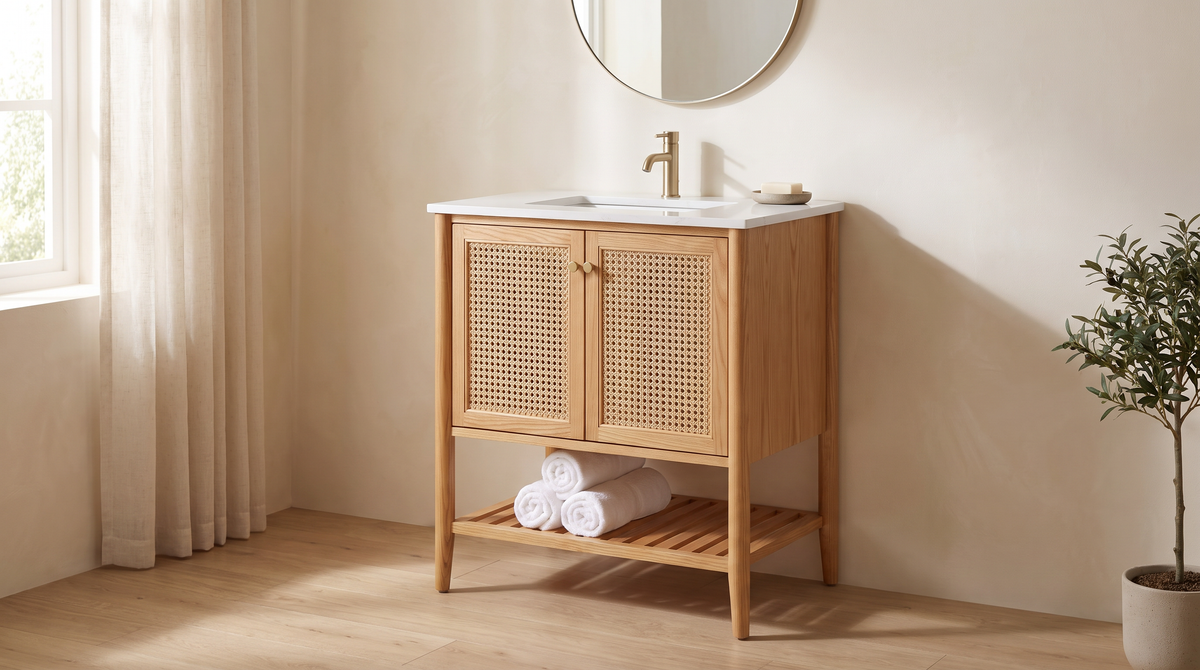 Tala Cane Vanity in honey ash and cane styled in a calm bathroom