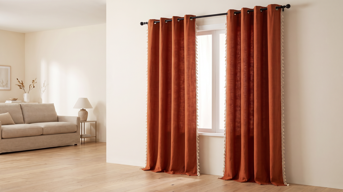 Tassel Slub Eyelet rust curtains hung at a living-room window