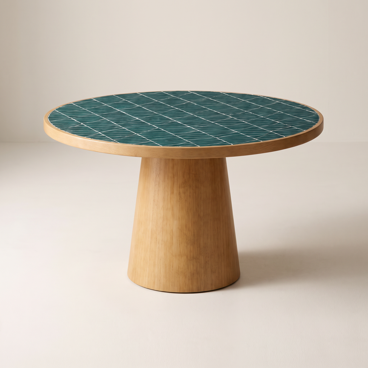 Tessera Dining Table with teal tile top, light wood edge and conical wood pedestal, three-quarter view