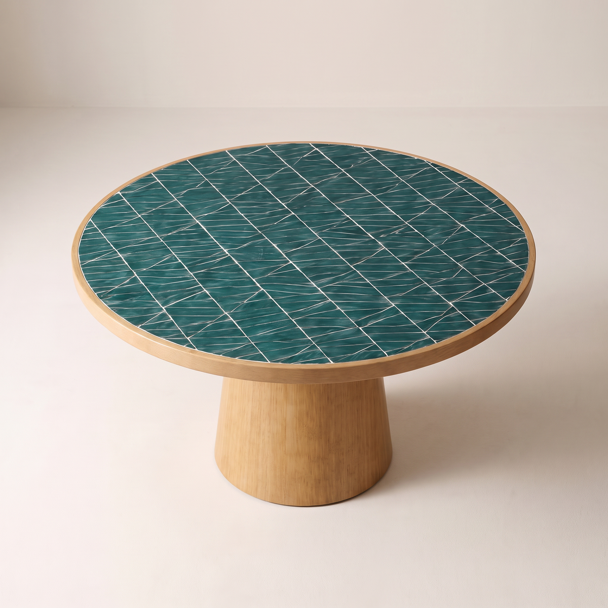 Tessera Dining Table teal tile top and light wood edge, high view from above