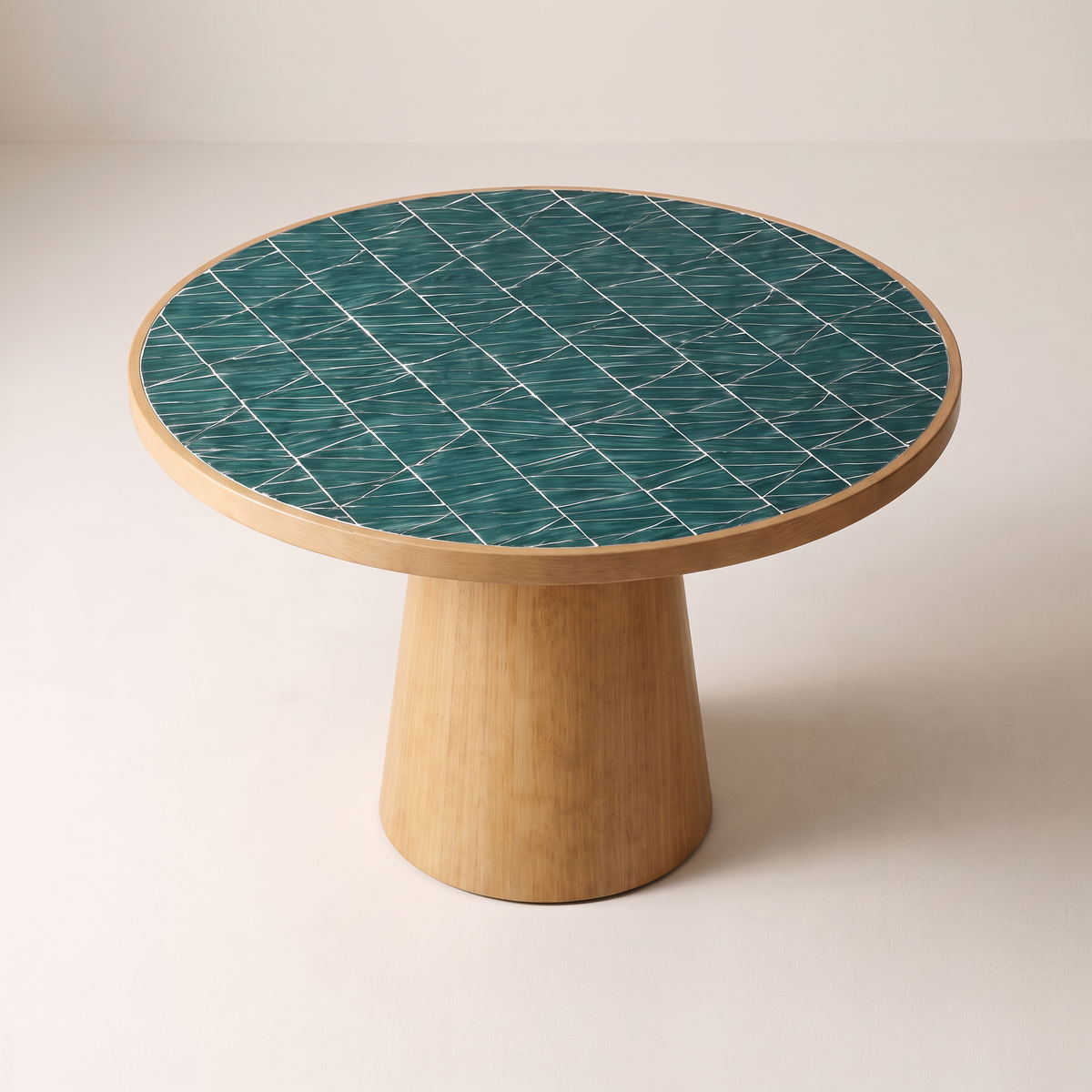Tessera Dining Table with teal diagonal tile top, elevated three-quarter view