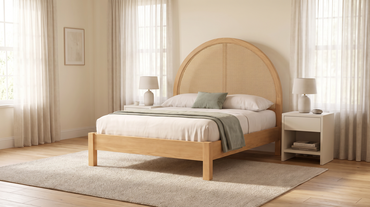 The Cloister Cane Bed with arched cane headboard styled in a calm, sunlit bedroom