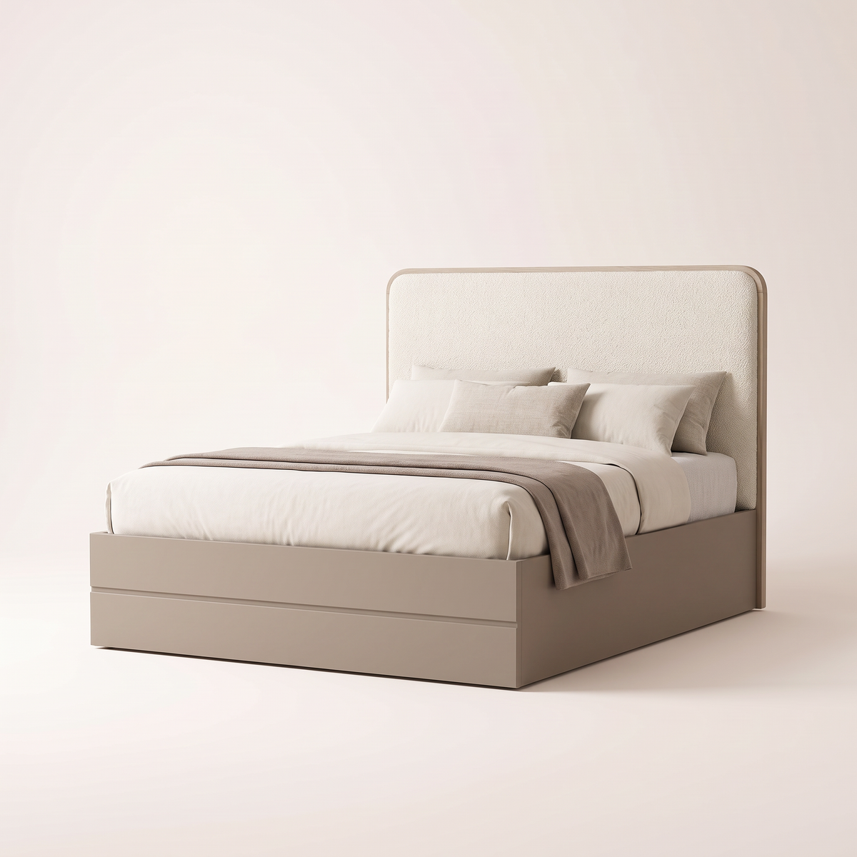 The Keystone Storage Bed with ivory bouclé headboard in a thin ash-tone frame and matte taupe base box, front three-quarter view