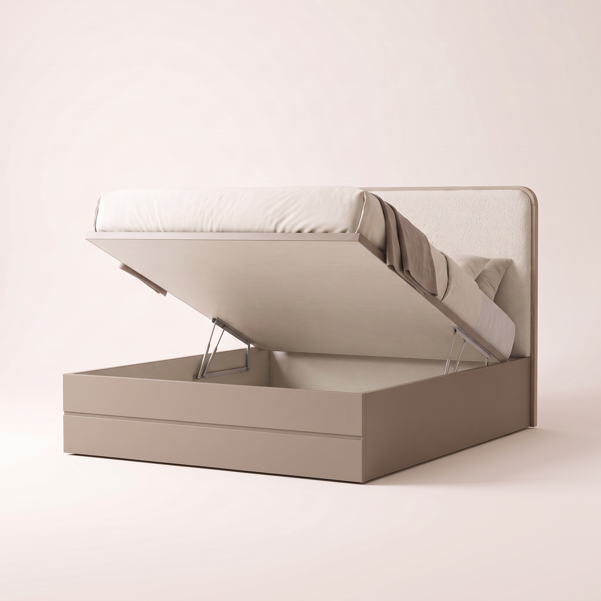 The Keystone Storage Bed with the mattress platform lifted on hydraulic gas struts, showing the storage space underneath