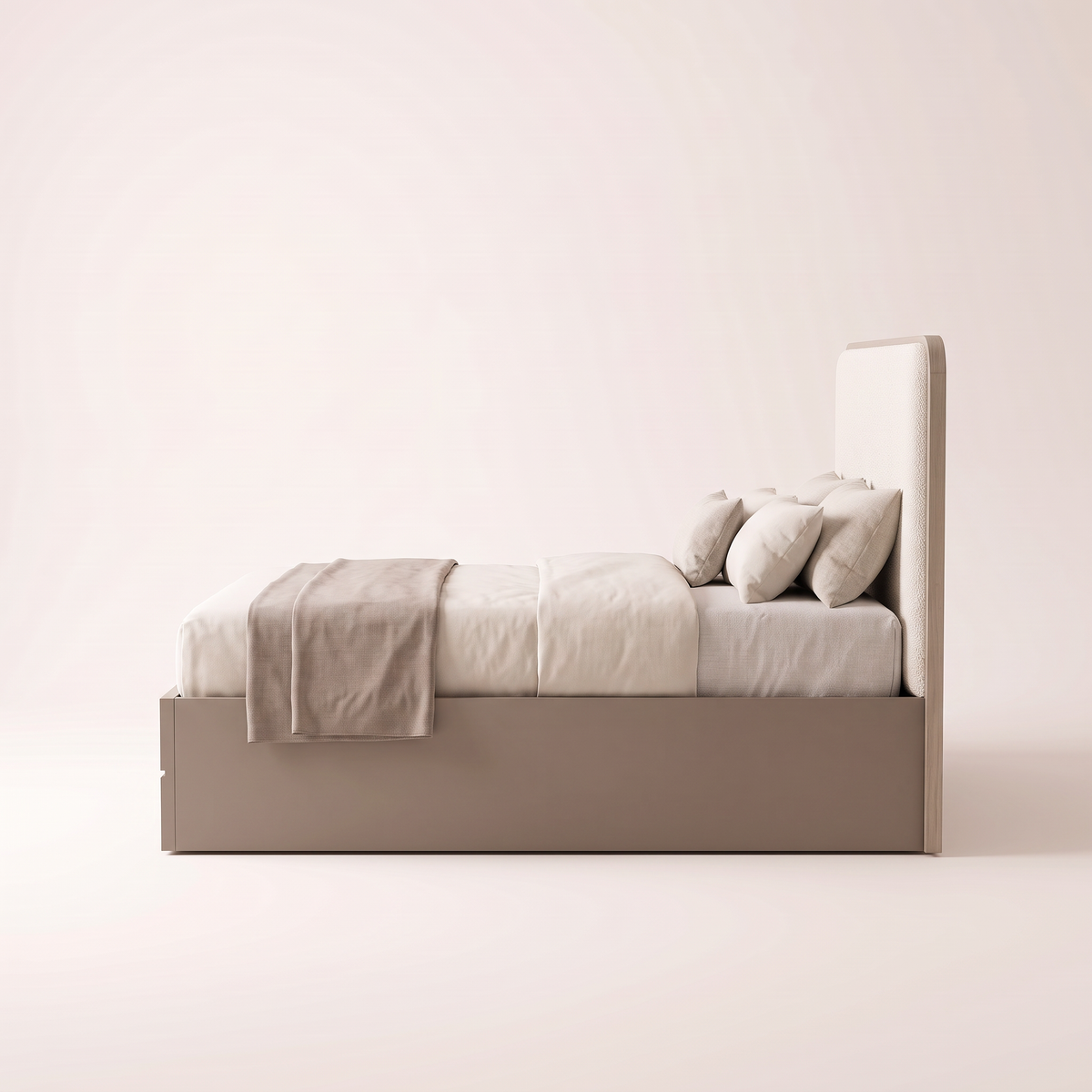 The Keystone Storage Bed, side profile showing the floor-flush taupe storage box and upright headboard