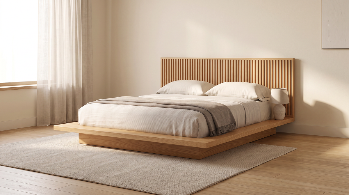 The Lowland Bed low ash platform bed styled in a calm Japandi bedroom