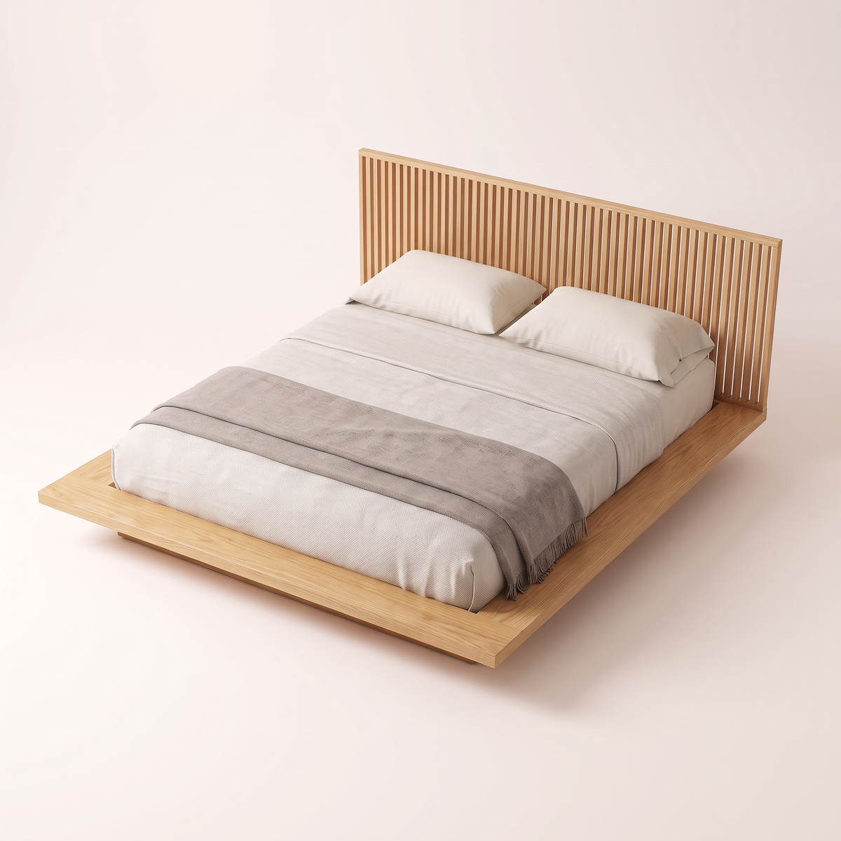 The Lowland Bed from an elevated angle, showing the wide ash ledge around the mattress