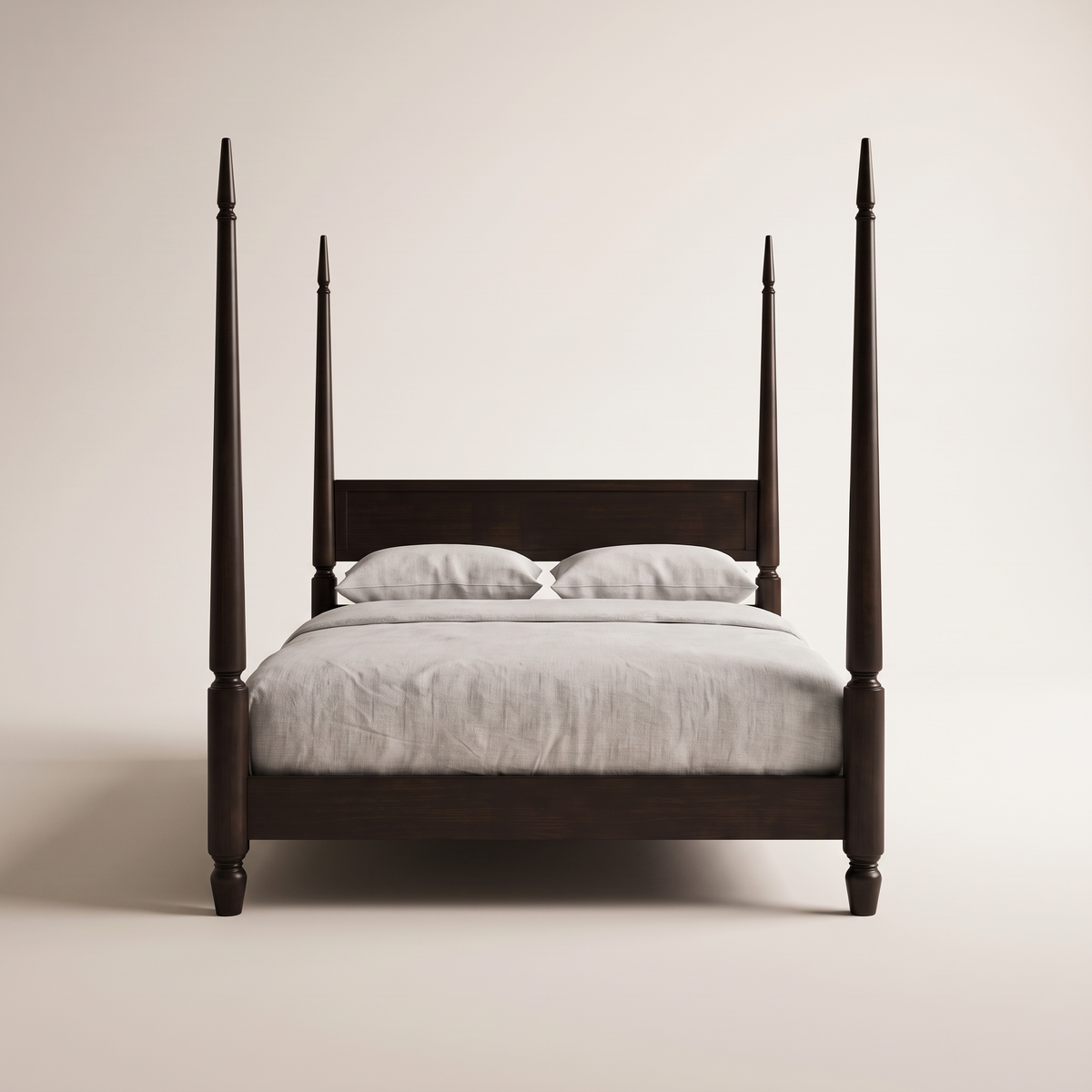 The Meridian Bed four-poster in dark espresso ash wood, view from the foot