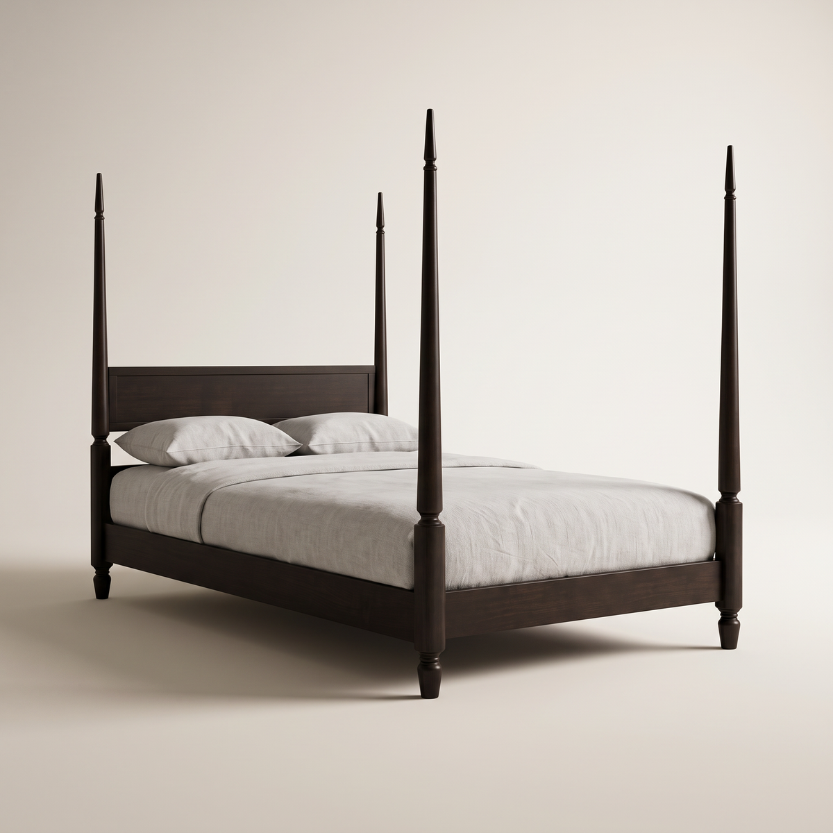 The Meridian Bed four-poster in dark espresso ash wood with tall pointed posts and low panel headboard, three-quarter view