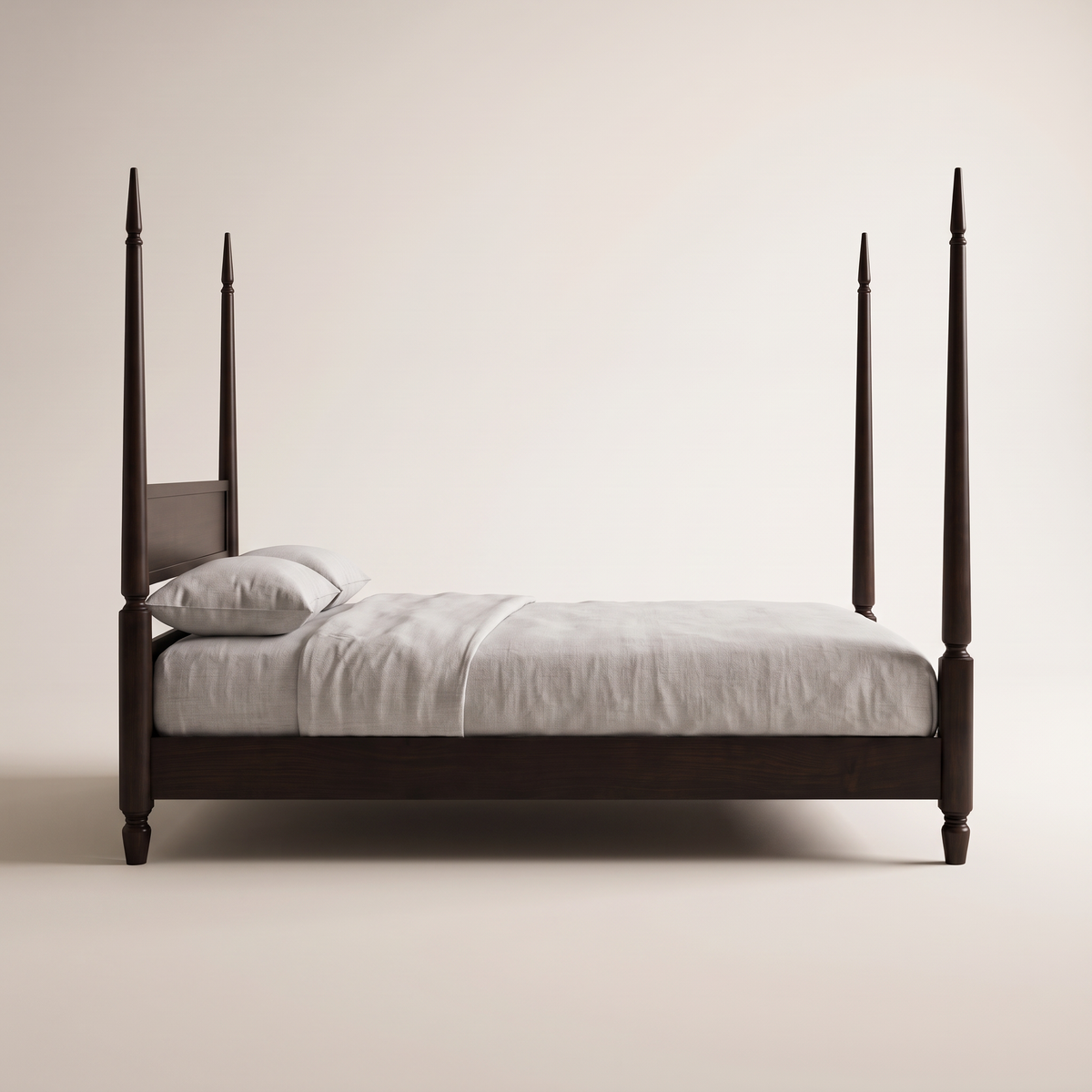 The Meridian Bed four-poster in dark espresso ash wood, side profile view