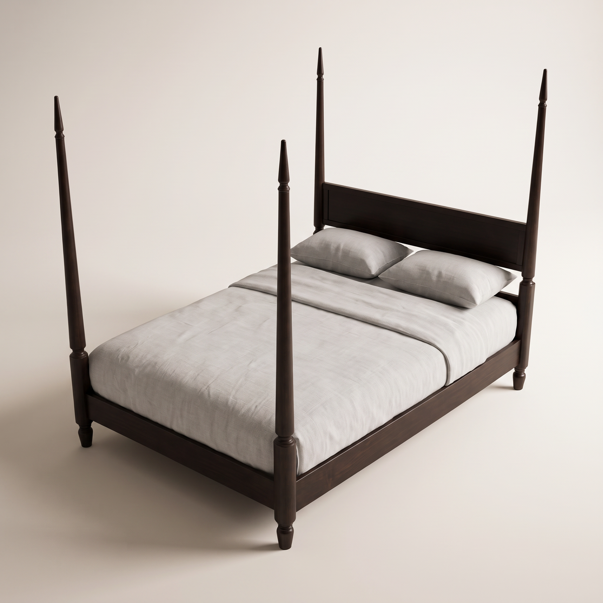 The Meridian Bed four-poster in dark espresso ash wood, elevated three-quarter view