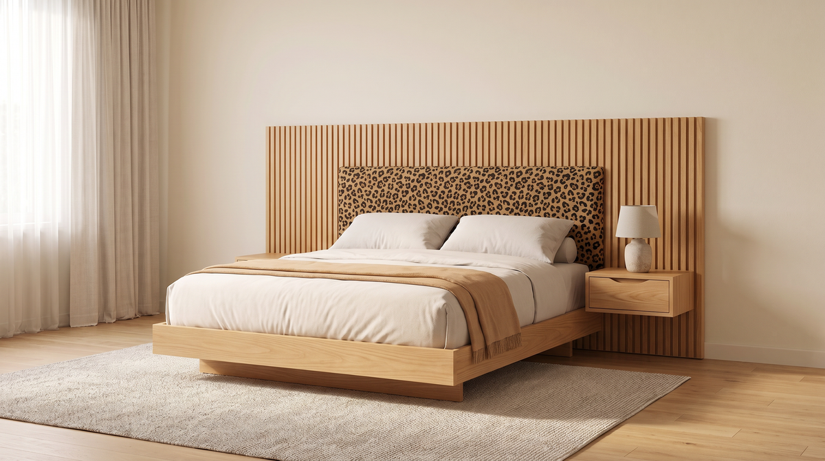 The Panorama Bed with slatted ash and leopard-print headboard styled in a calm bedroom