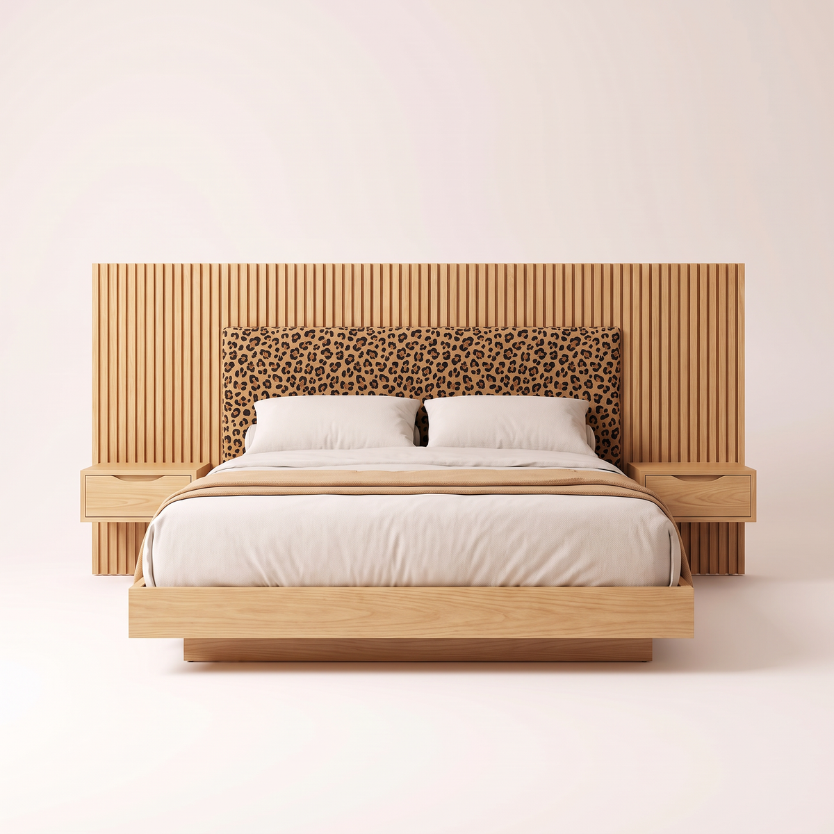 The Panorama Bed seen from the foot, showing the full-width slatted ash headboard, central leopard panel and both floating drawer units