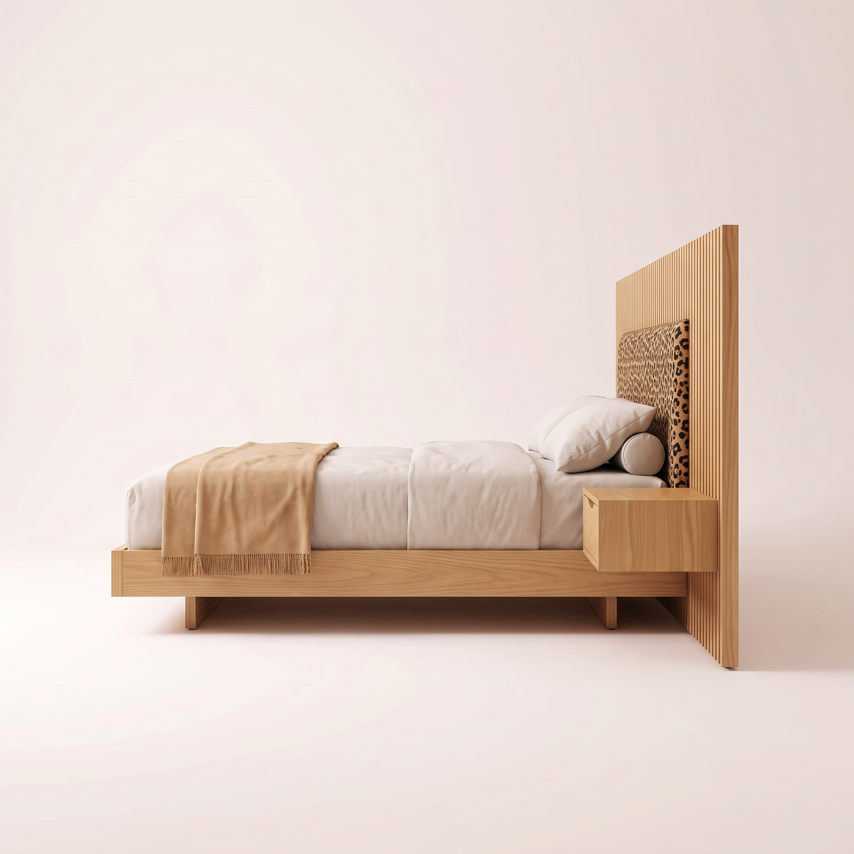 The Panorama Bed, side view showing the tall headboard panel, cantilevered side table and low ash platform
