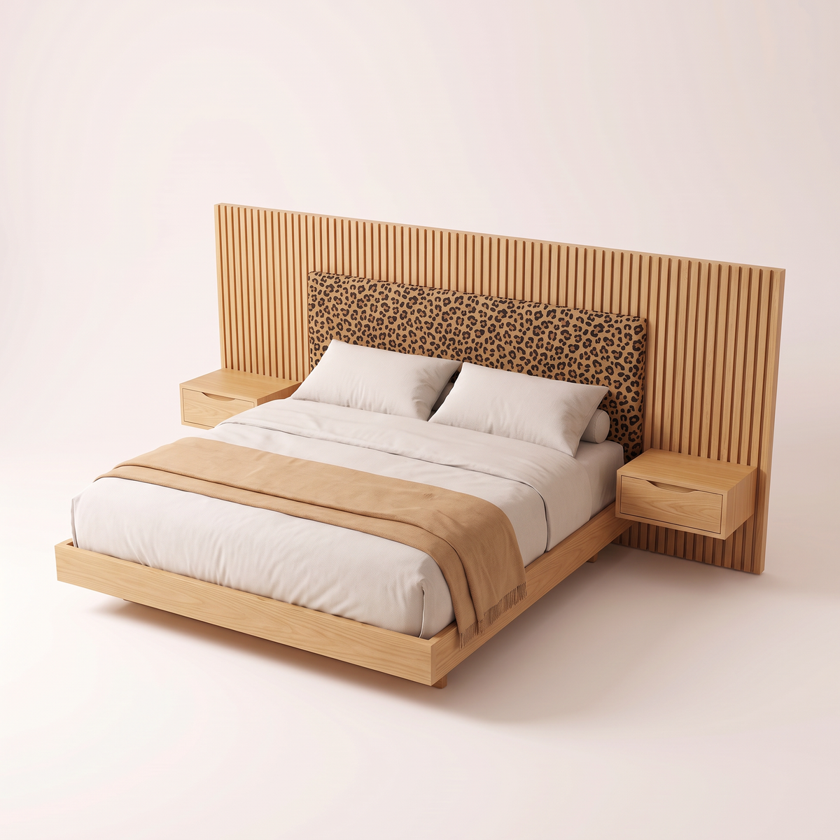 The Panorama Bed from an elevated angle, showing the ash platform, ivory bedding and both floating side tables