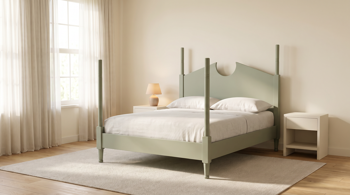 The Pavilion Bed sage green four-poster styled in a calm bedroom