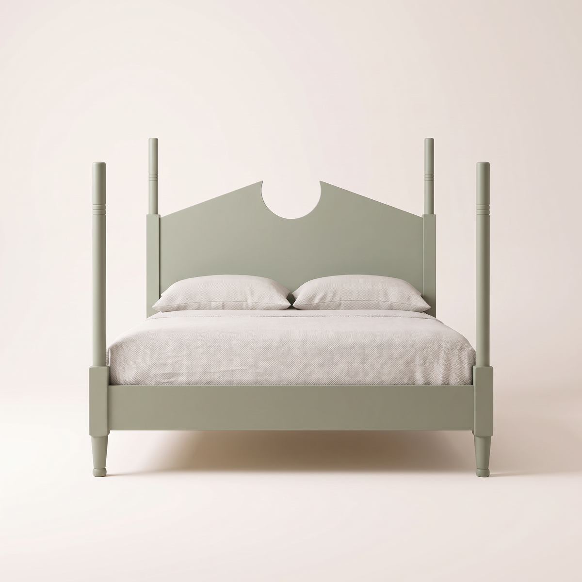 The Pavilion Bed four-poster in sage green painted ash wood with notched twin-peak headboard, view from the foot
