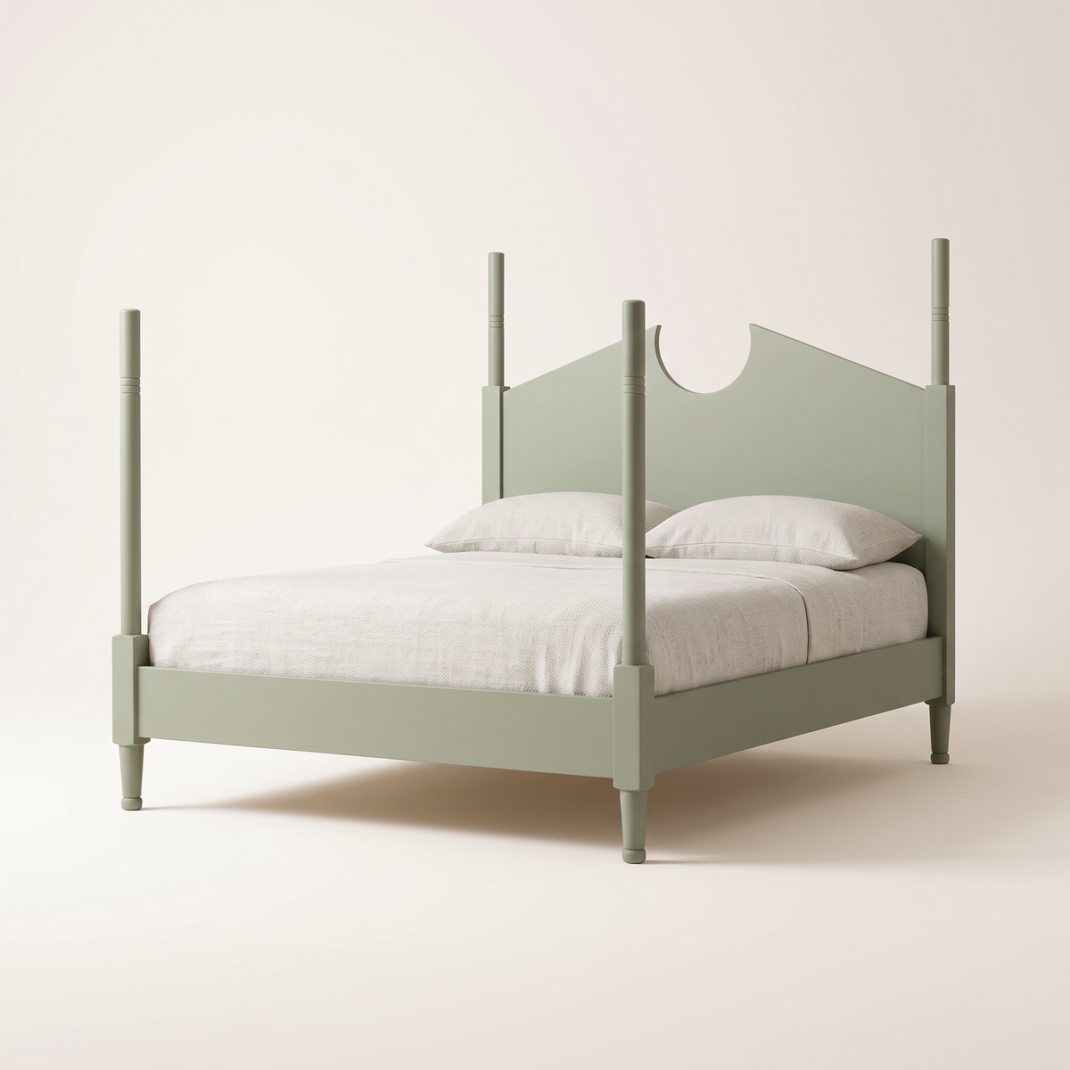 The Pavilion Bed four-poster in sage green painted ash wood with notched twin-peak headboard, front three-quarter view