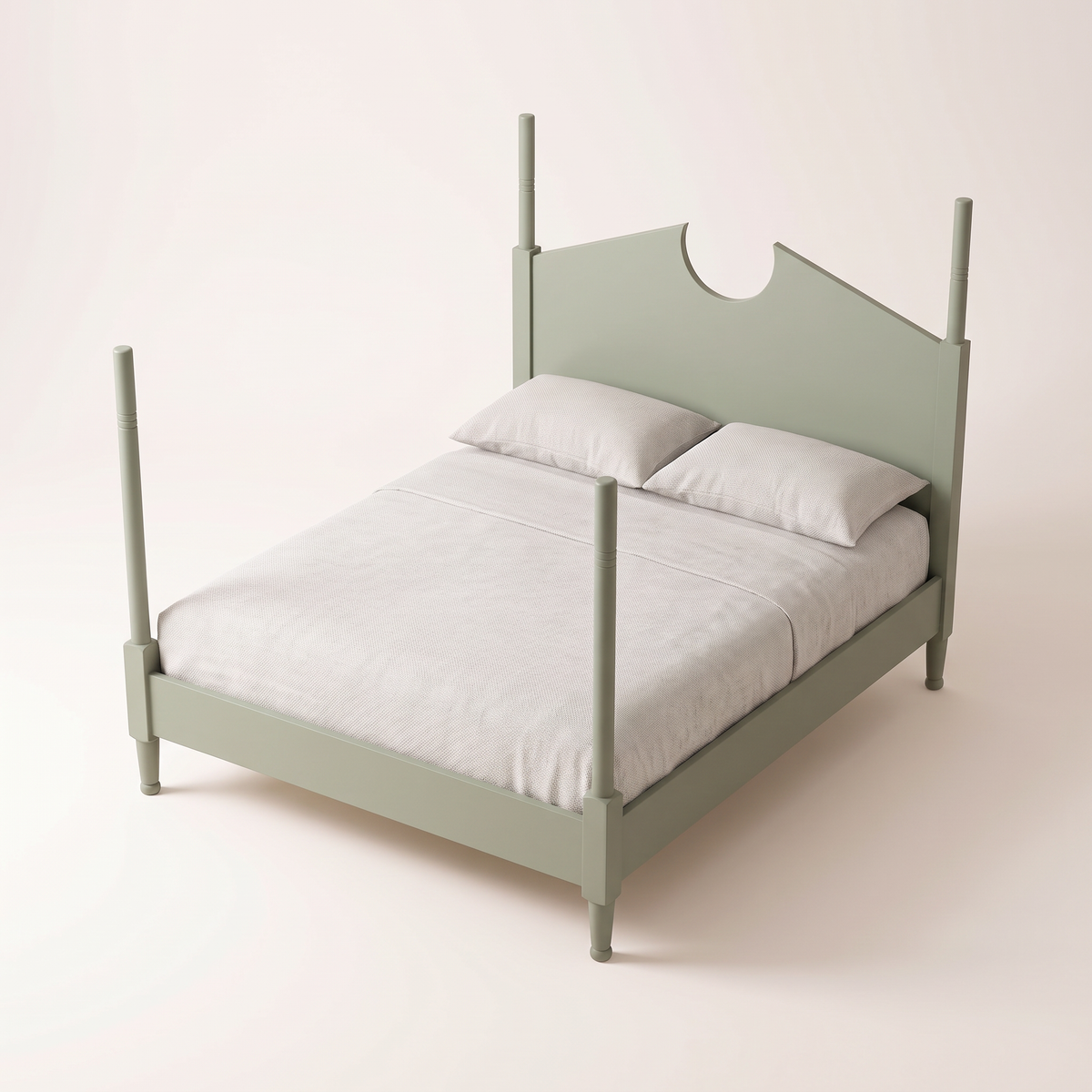 The Pavilion Bed four-poster in sage green painted ash wood, elevated three-quarter view