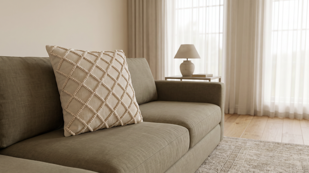 Tufted Loop Cushion styled on an olive sofa in a calm living room