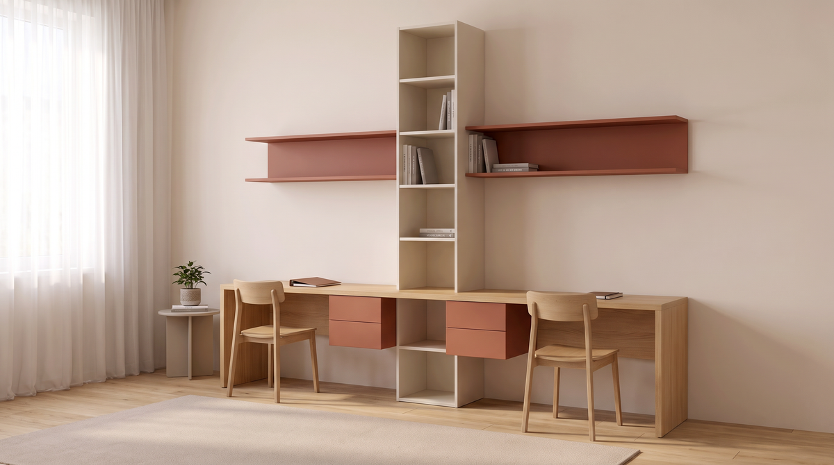 Twin Study Bench styled in a calm shared children's room