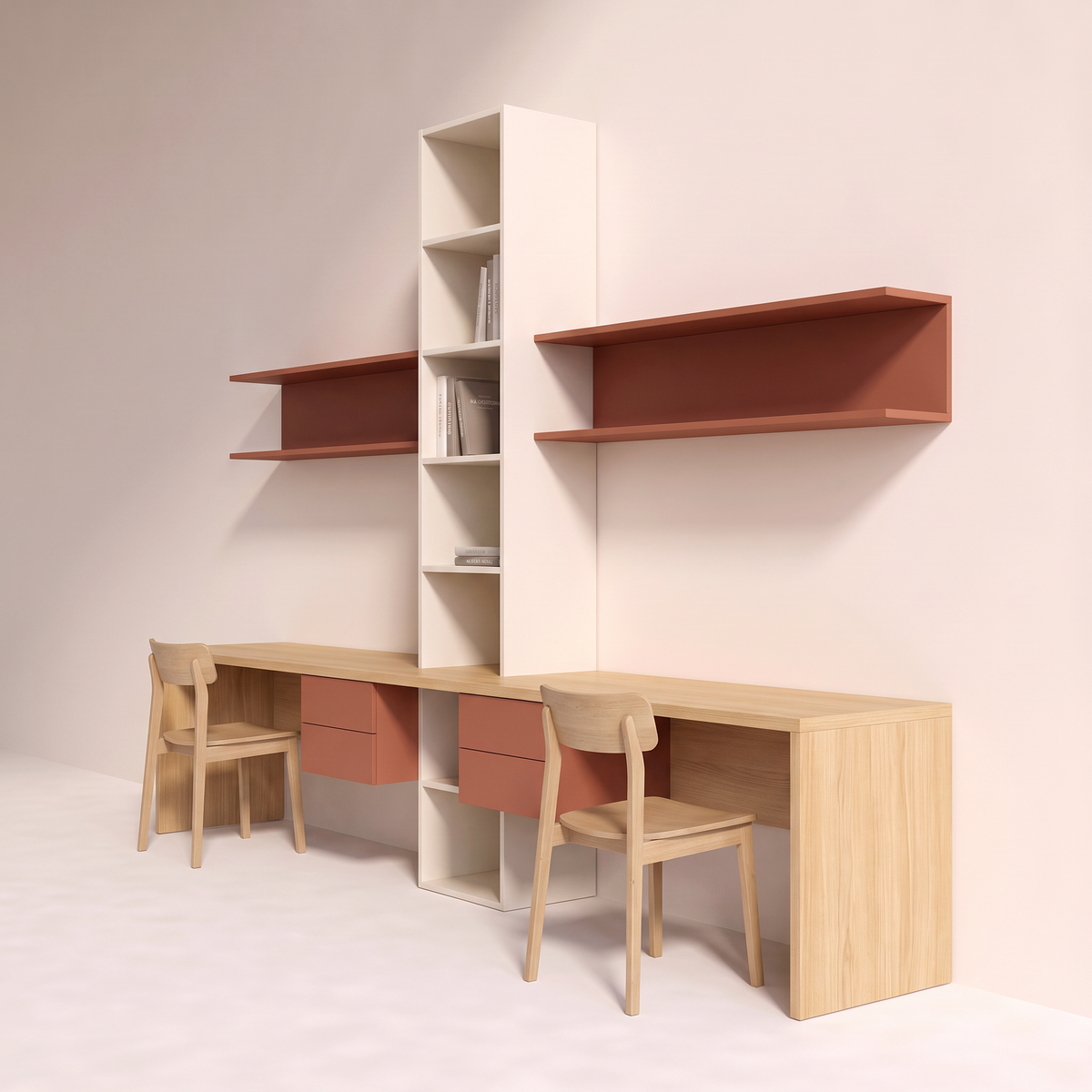 Twin Study Bench honey ash twin desk with ivory tower and rust shelves, front-right three-quarter view