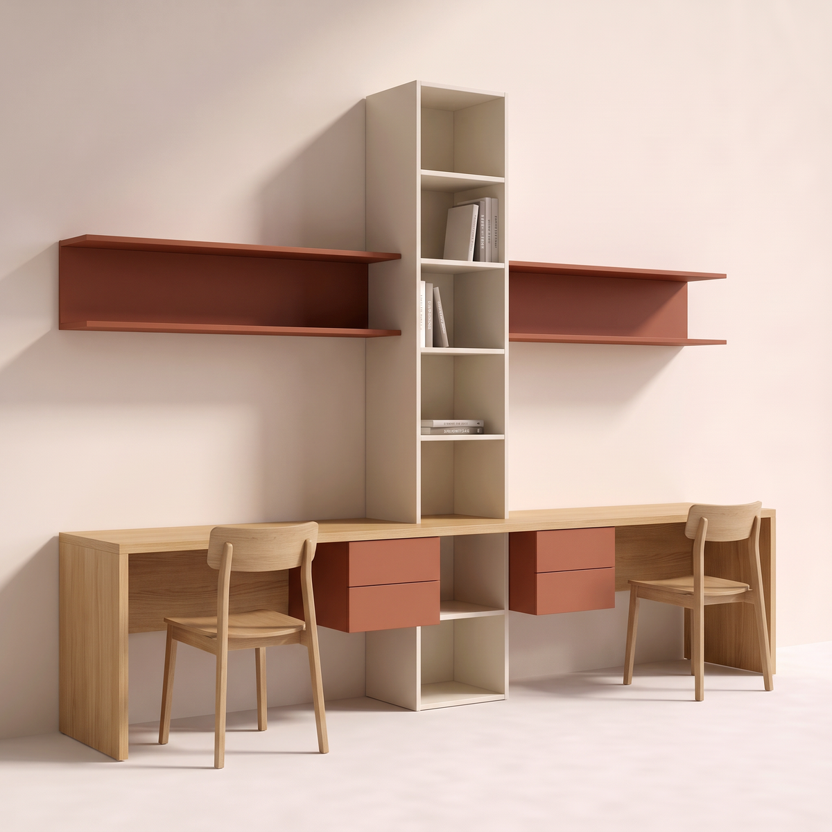 Twin Study Bench 9 ft honey ash desk divided by an ivory bookshelf tower, with rust-terracotta wall shelves and drawers and two ash chairs, front three-quarter view