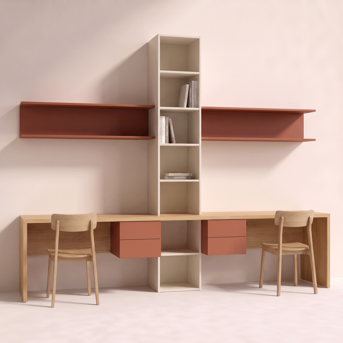 Twin Study Bench with central ivory tower, rust shelves and drawers on each side, straight front view