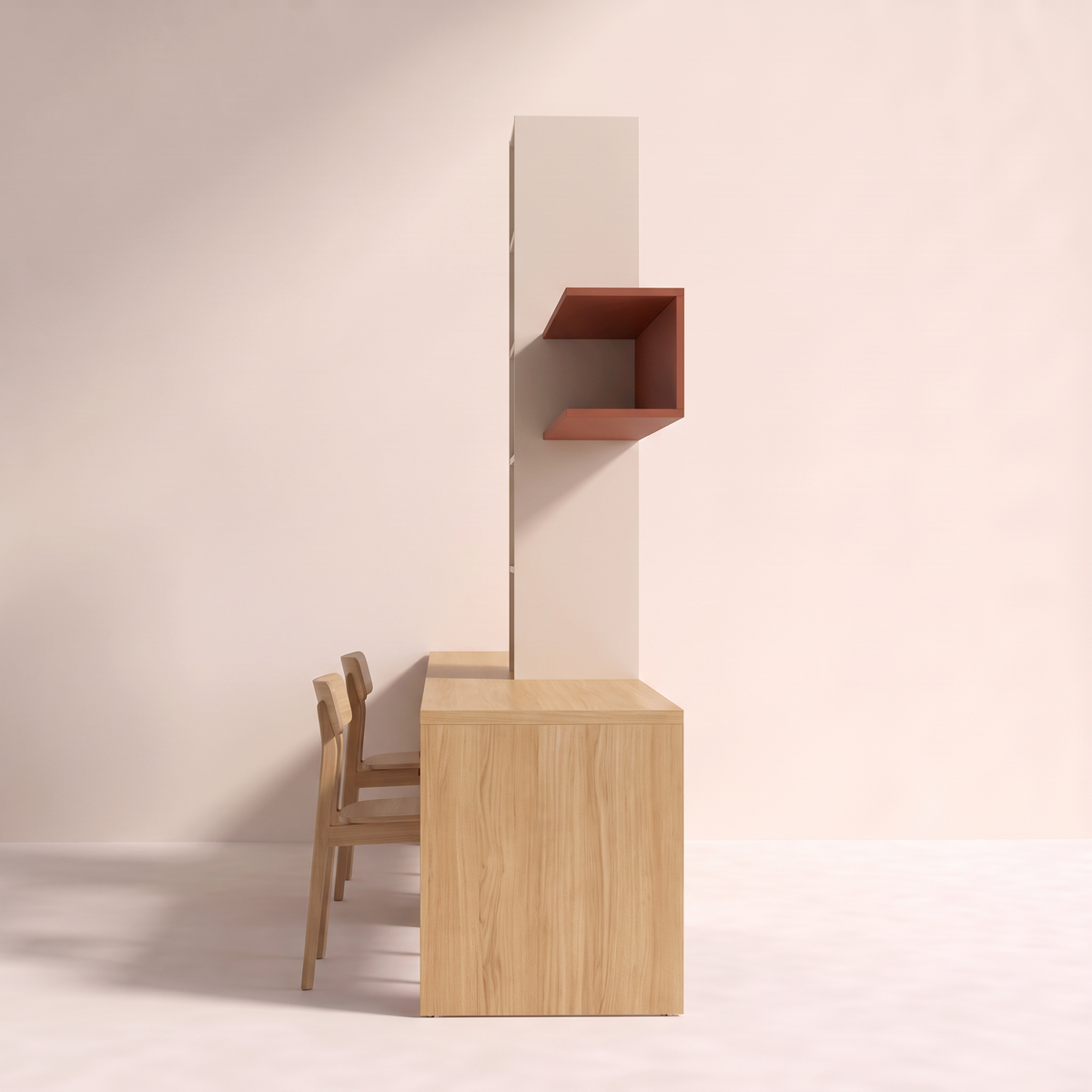 Twin Study Bench honey ash end panel with rust wall shelf and ivory tower behind, side profile