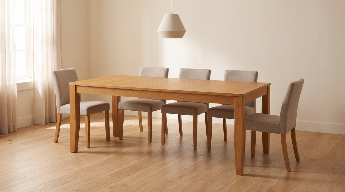 Unfold Extendable honey ash dining table, extended, styled in a calm dining room with upholstered chairs