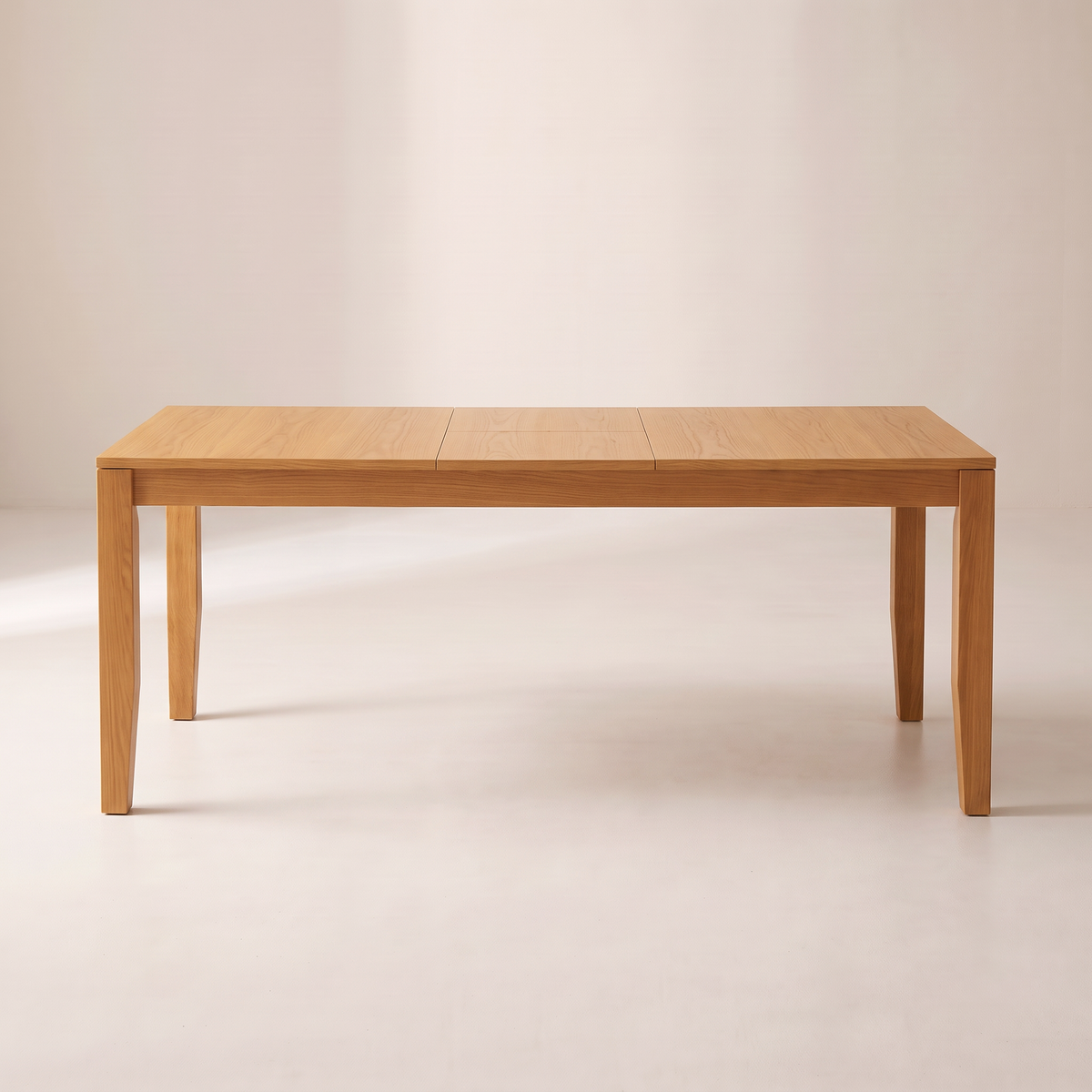 Unfold Extendable honey ash dining table extended, straight front elevation