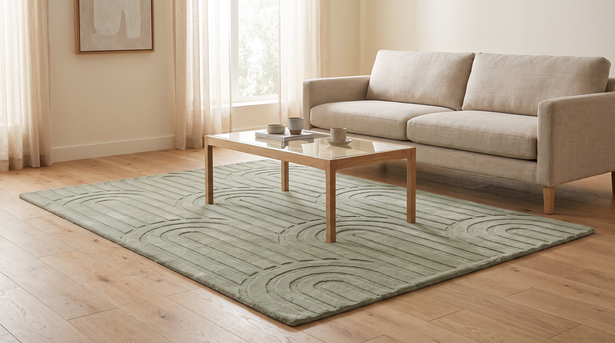Vault Sage Rug styled under a coffee table in a calm living room