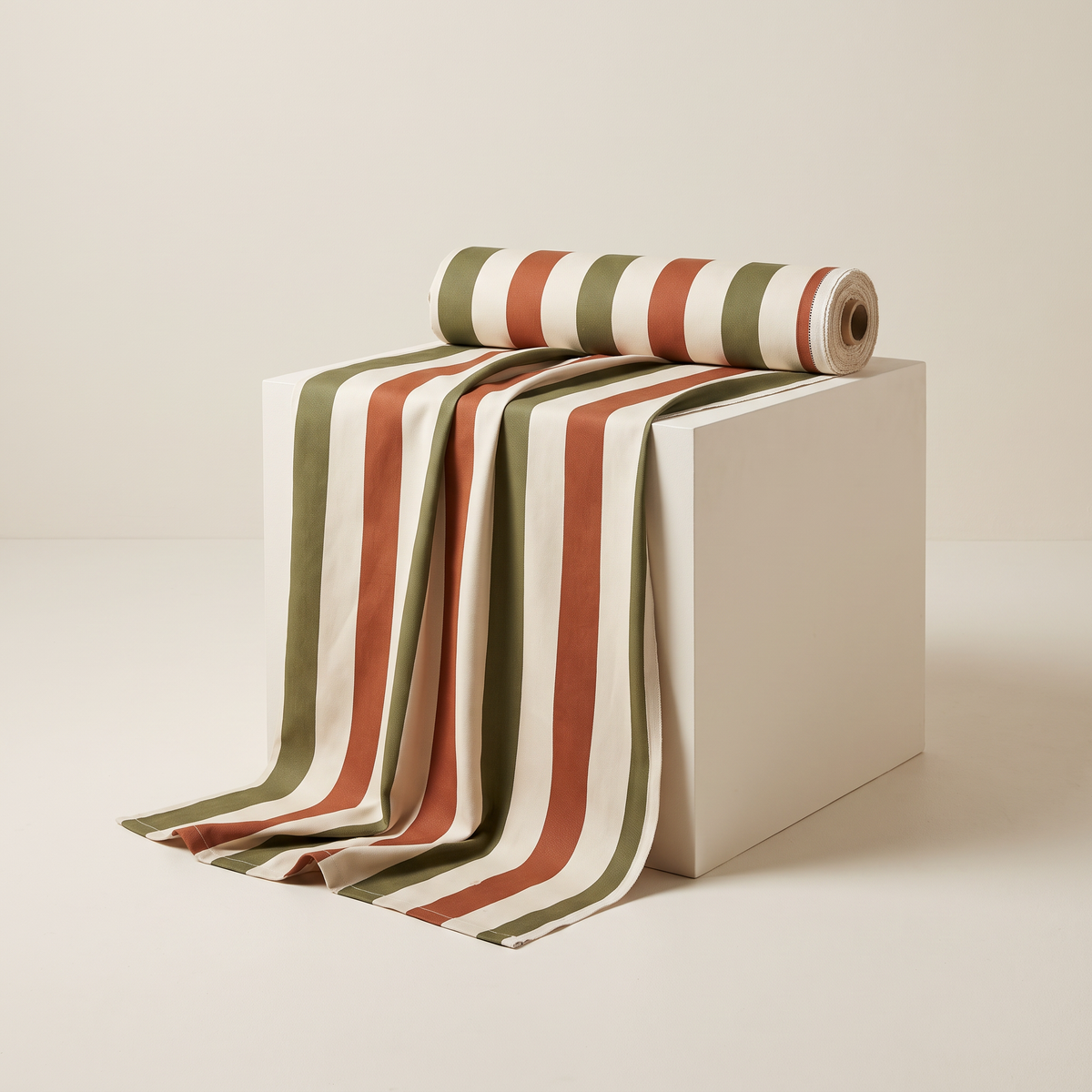 Verandah Stripe outdoor fabric, wide olive, ivory and rust stripes, unrolled from a bolt and draped over a studio plinth