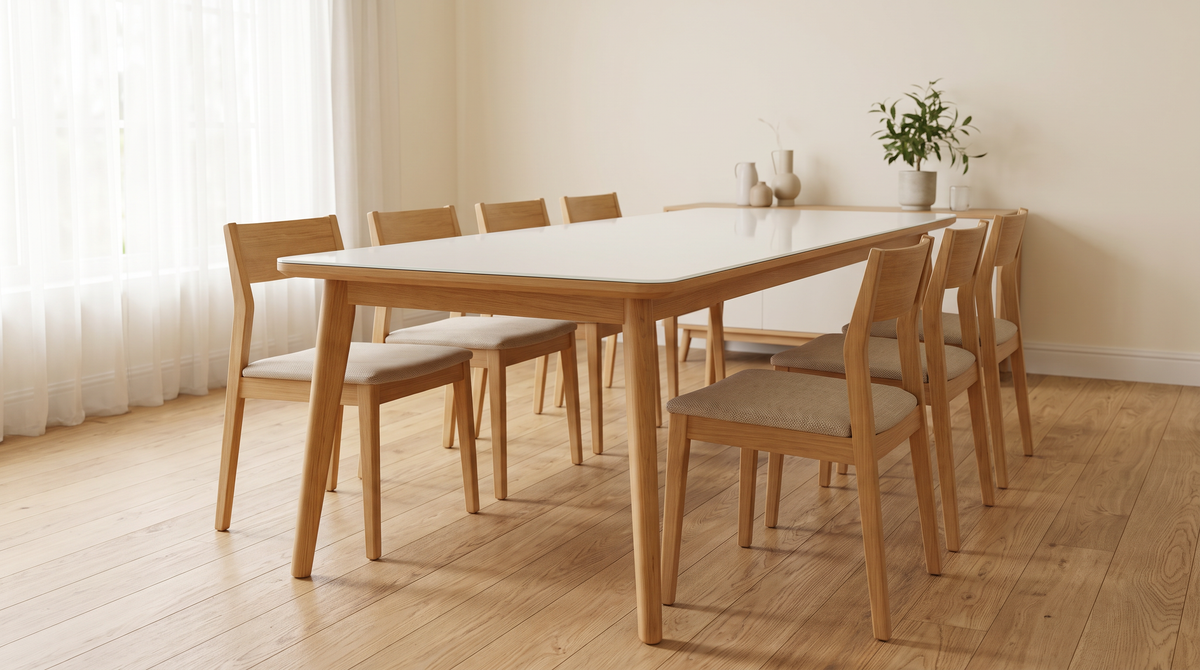 Vista Dining Table styled in a warm dining room