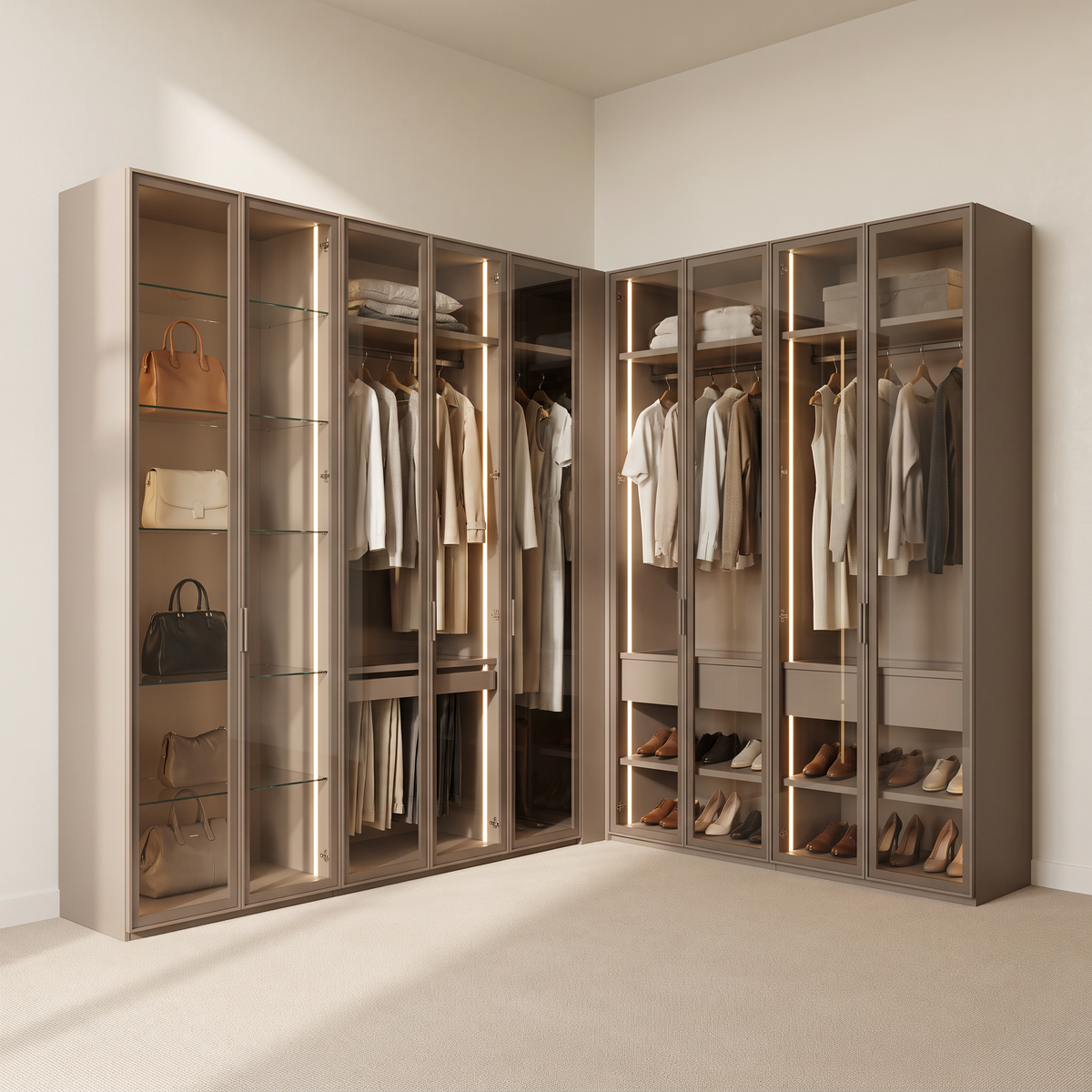 Vitrine Closet design proposal: L-shaped walk-in closet of tall warm taupe cabinets with glass doors in slim taupe frames and warm LED lighting, front three-quarter view