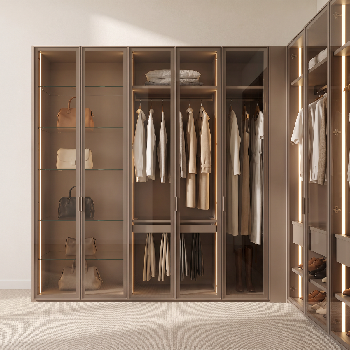 Vitrine Closet taupe glass-door cabinets lit by vertical LED profiles, straight front view of the long run