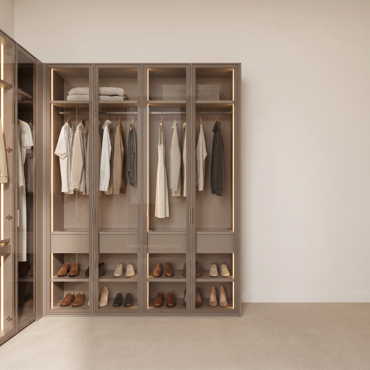 Vitrine Closet short run with glass doors, hanging space, taupe drawers and lit shoe shelves, straight front view