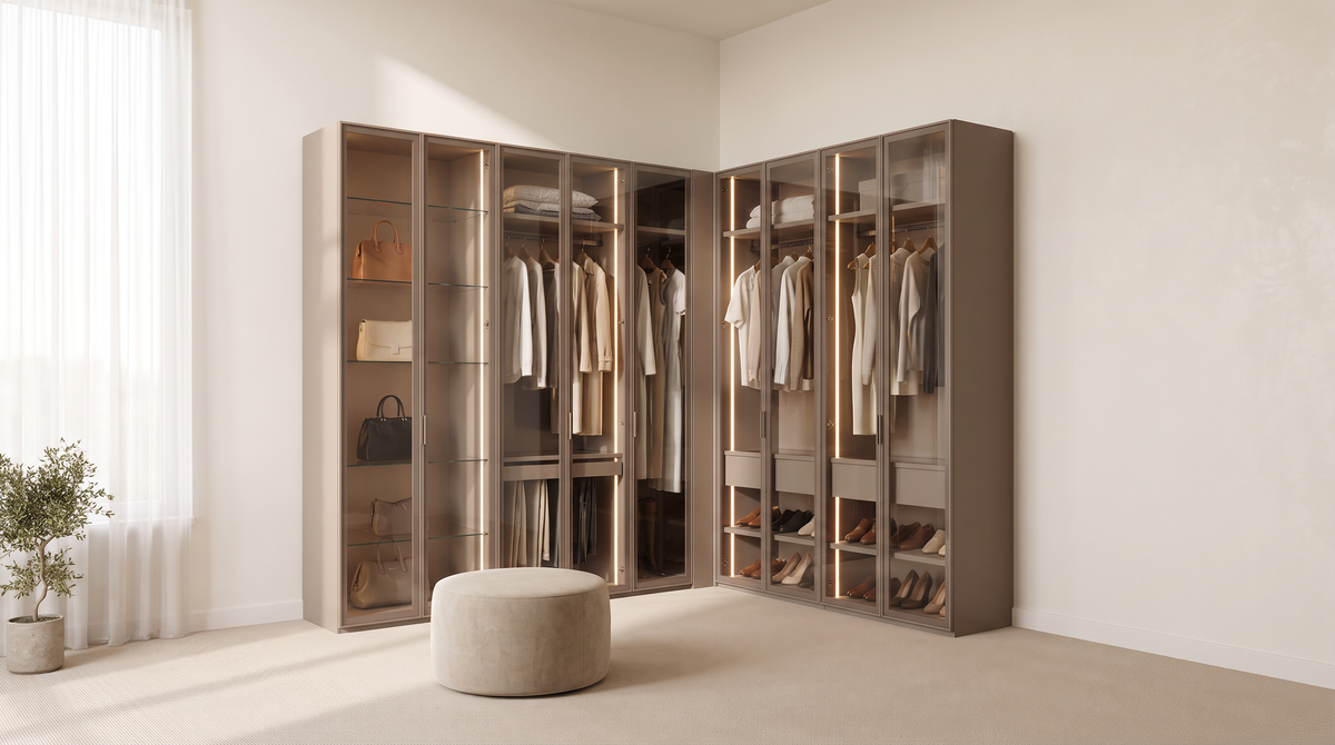 Vitrine Closet styled in a calm walk-in closet room with beige carpet and a round oat ottoman