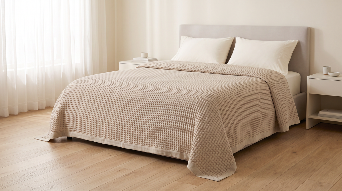 Waffle Weave Bedcover in oat styled on a bed in a calm bedroom