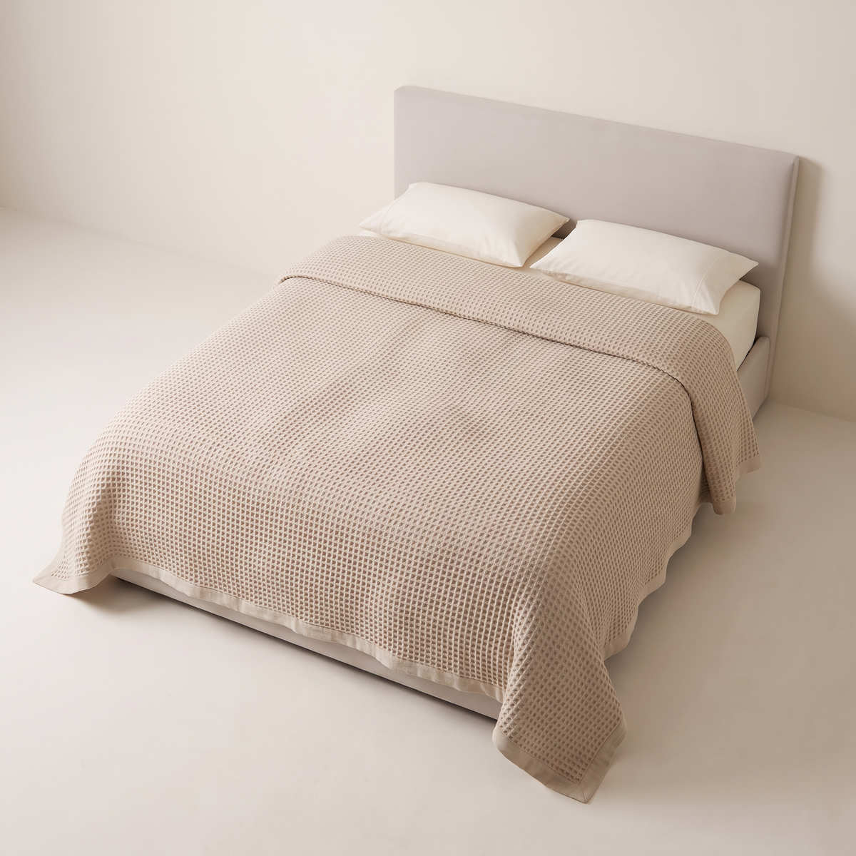 Waffle Weave Bedcover oat honeycomb waffle bedcover, elevated three-quarter view