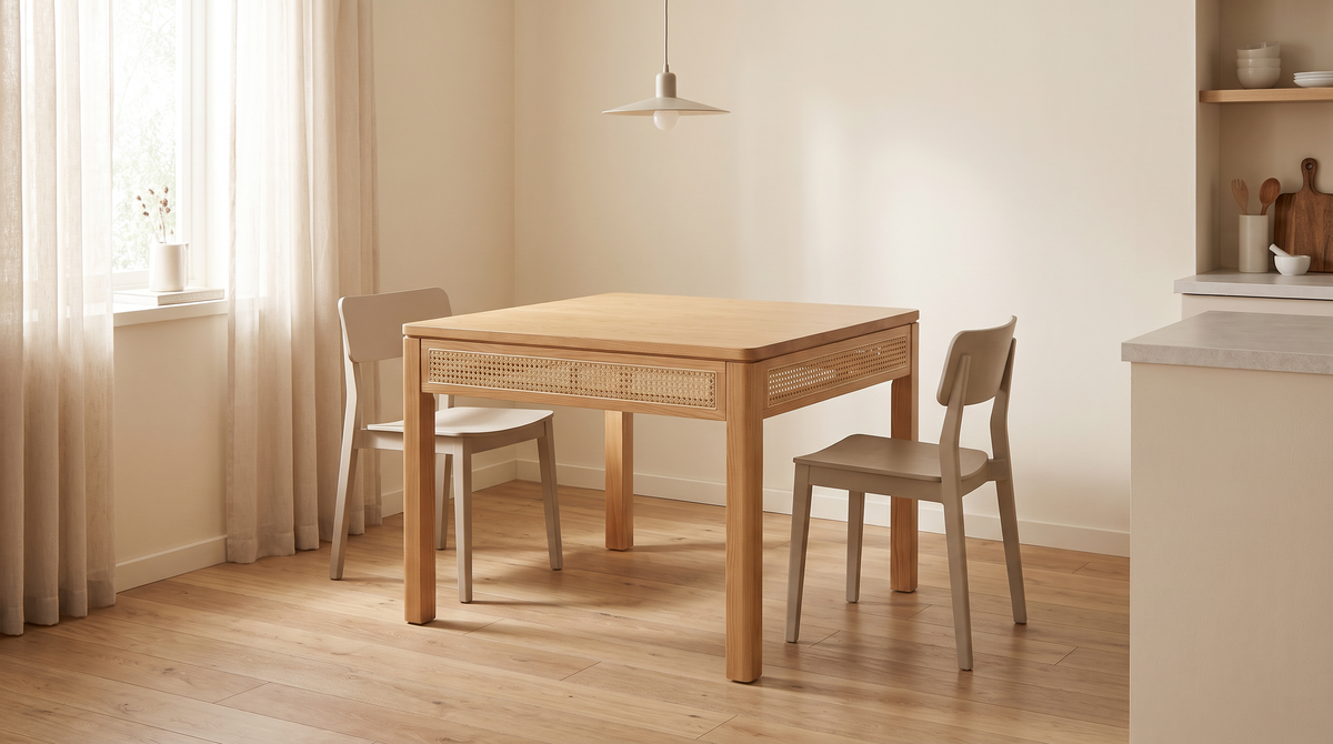 Weft Square honey ash and cane dining table styled in a calm compact dining nook with two chairs