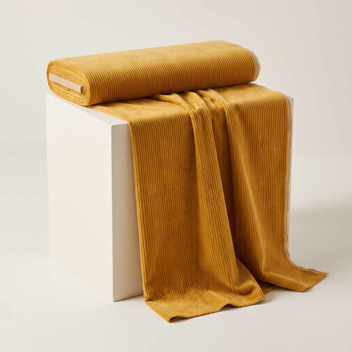 Wide Wale Corduroy upholstery fabric, ochre cotton corduroy with wide ribs, unrolled from a bolt and draped over a studio plinth