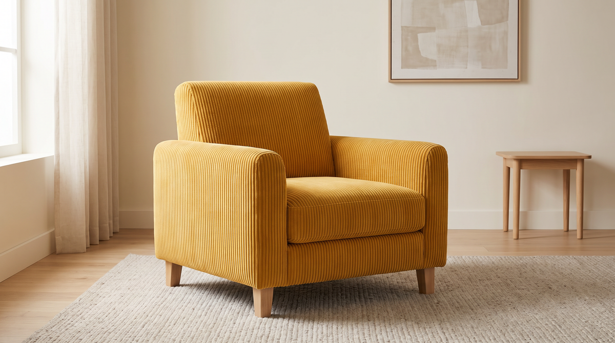 Wide Wale Corduroy fabric shown as the upholstery of a lounge armchair in a calm living room