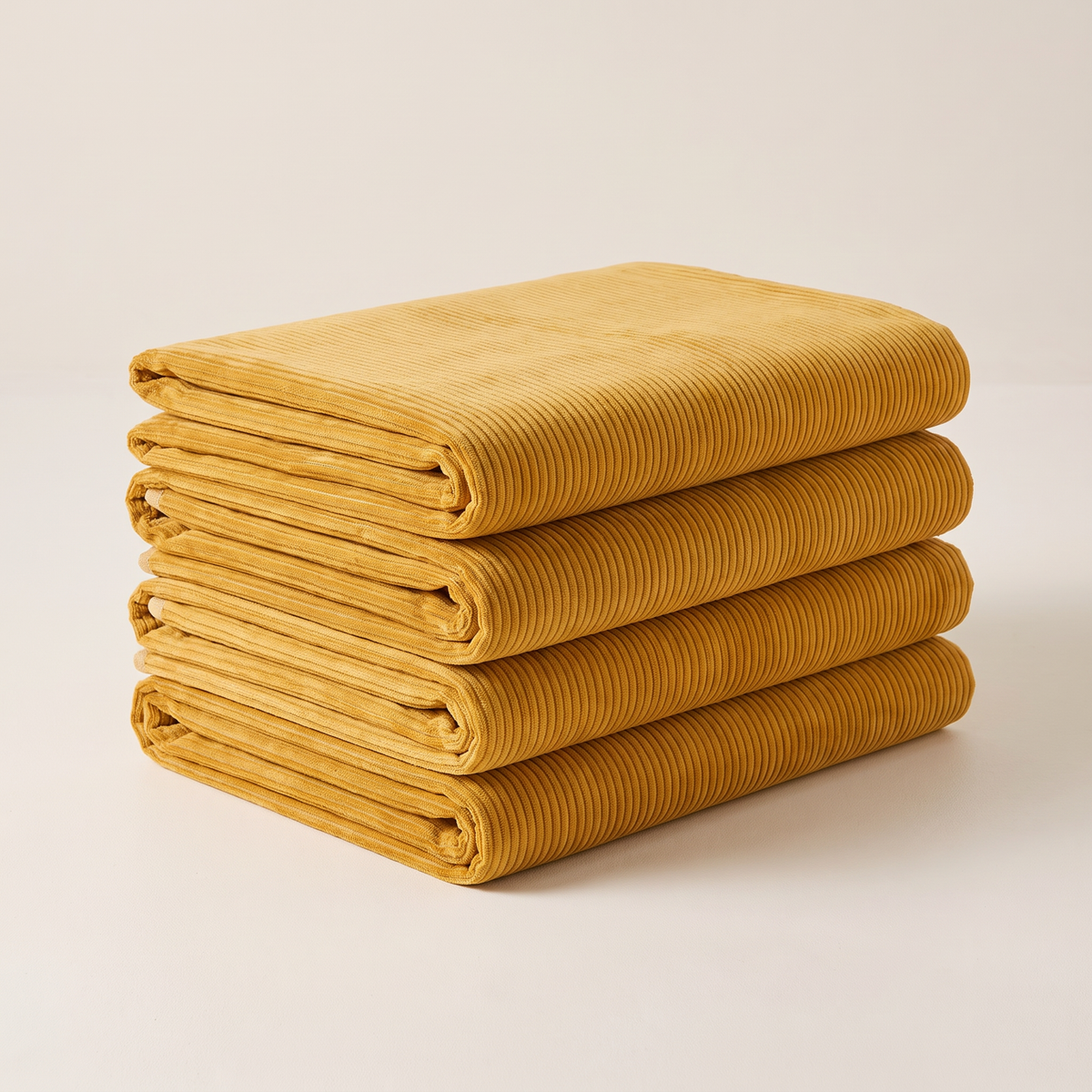 Wide Wale Corduroy upholstery fabric, neatly folded stack in ochre