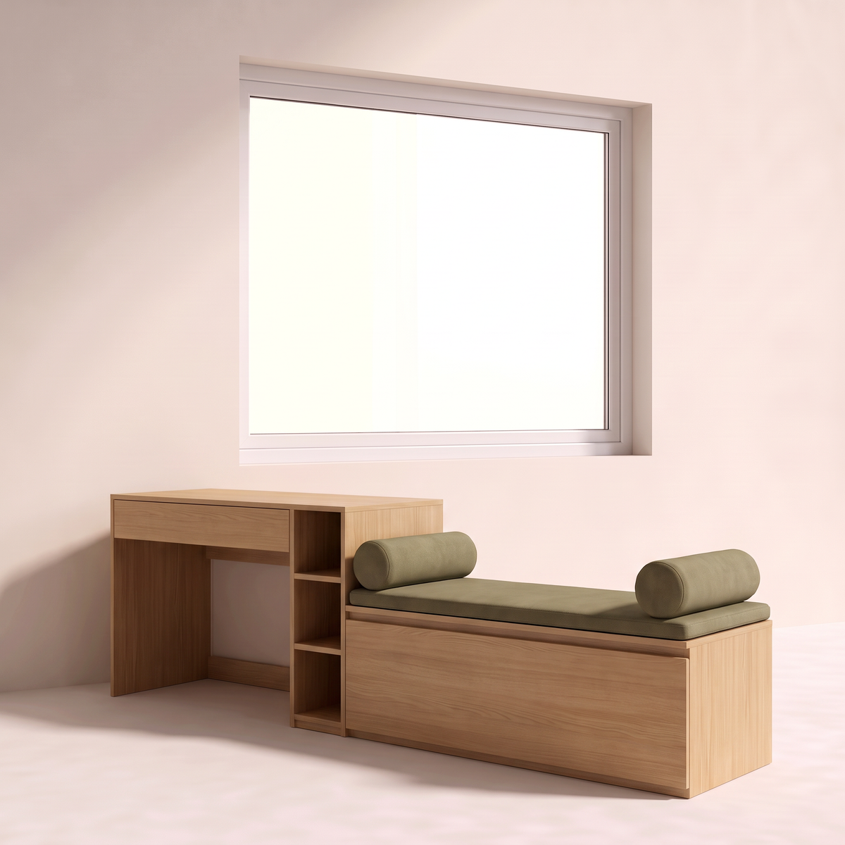 Window Seat Study with olive upholstered window seat and bolsters in the foreground, front-right three-quarter view